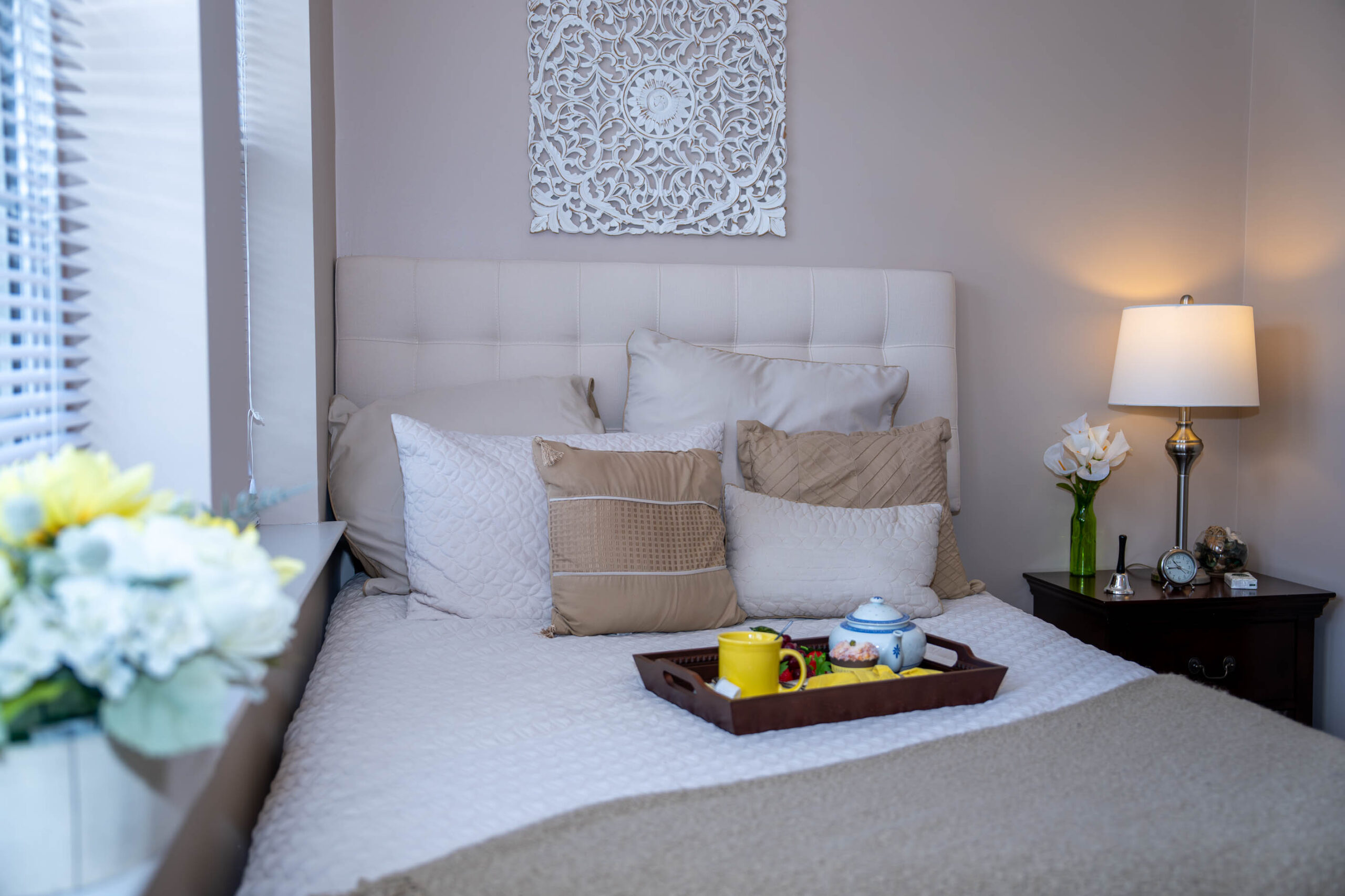 bed with tray on it